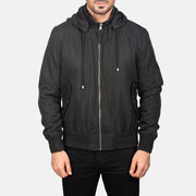 
Detaje nga afër of Knit Rib with Removable Polyester Hood & Zipper Hardware on Hanklin Ma-1 Black Hooded Bomber Jacket