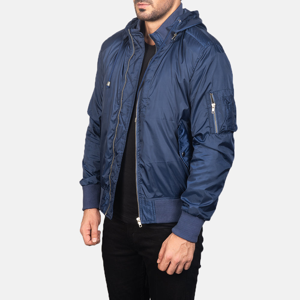 
Blue Nylon Bomber Jacket - Pamje e pasme me supe të theksuara dhe buzë të pastër