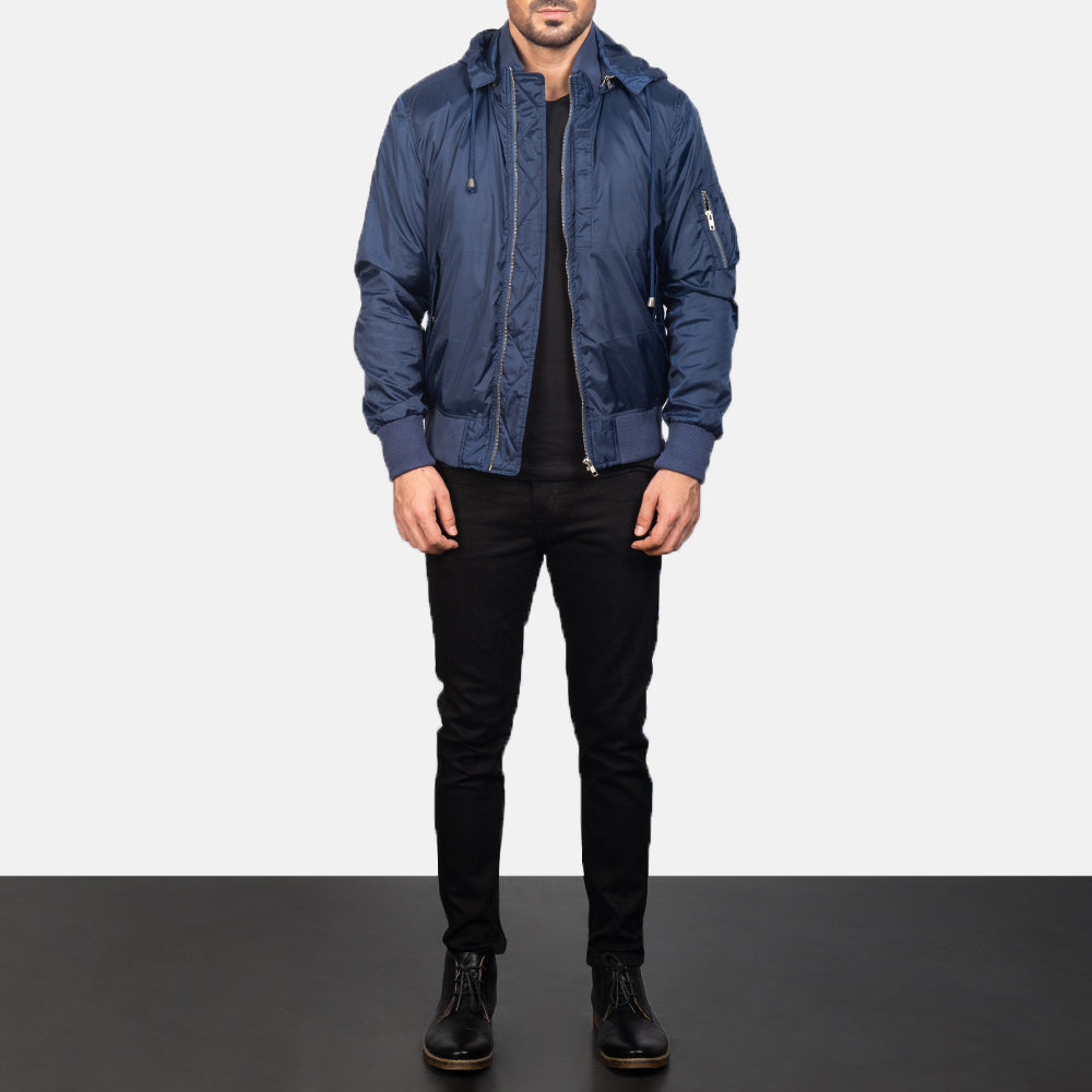 
Blue Hooded Bomber Jacket - Pamje anësore me prerje ergonomike të mëngëve