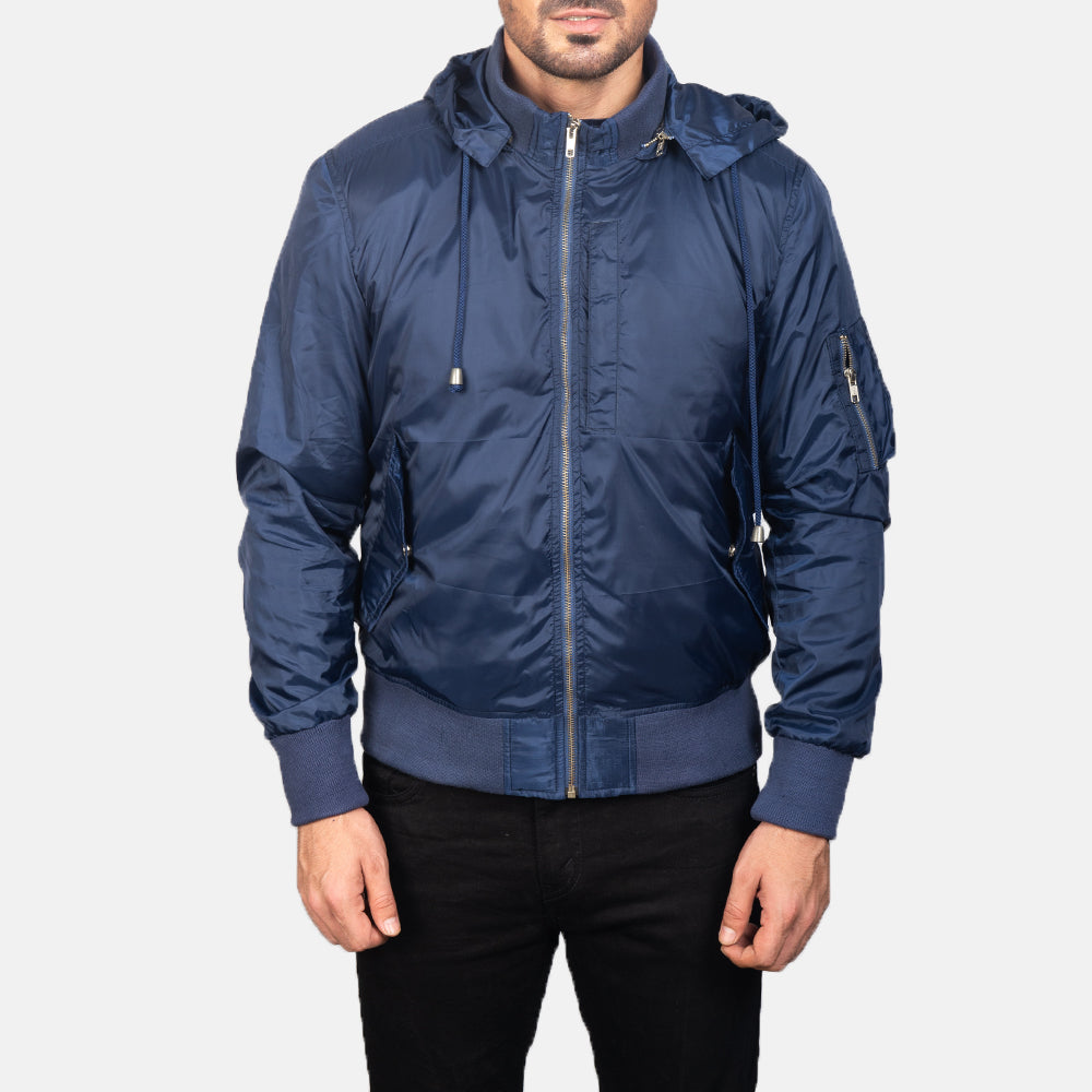 
Detaje nga afër of Knit Rib with Removable Nylon Hood & Zipper Hardware on Blue Hooded Bomber Jacket