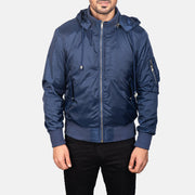 
Detaje nga afër of Knit Rib with Removable Nylon Hood & Zipper Hardware on Blue Hooded Bomber Jacket