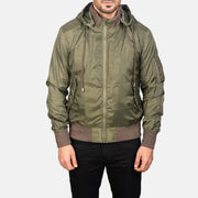 
Detaje nga afër of Knit Rib with Removable Nylon Hood & Zipper Hardware on Hanklin Ma-1 Green Hooded Bomber Jacket