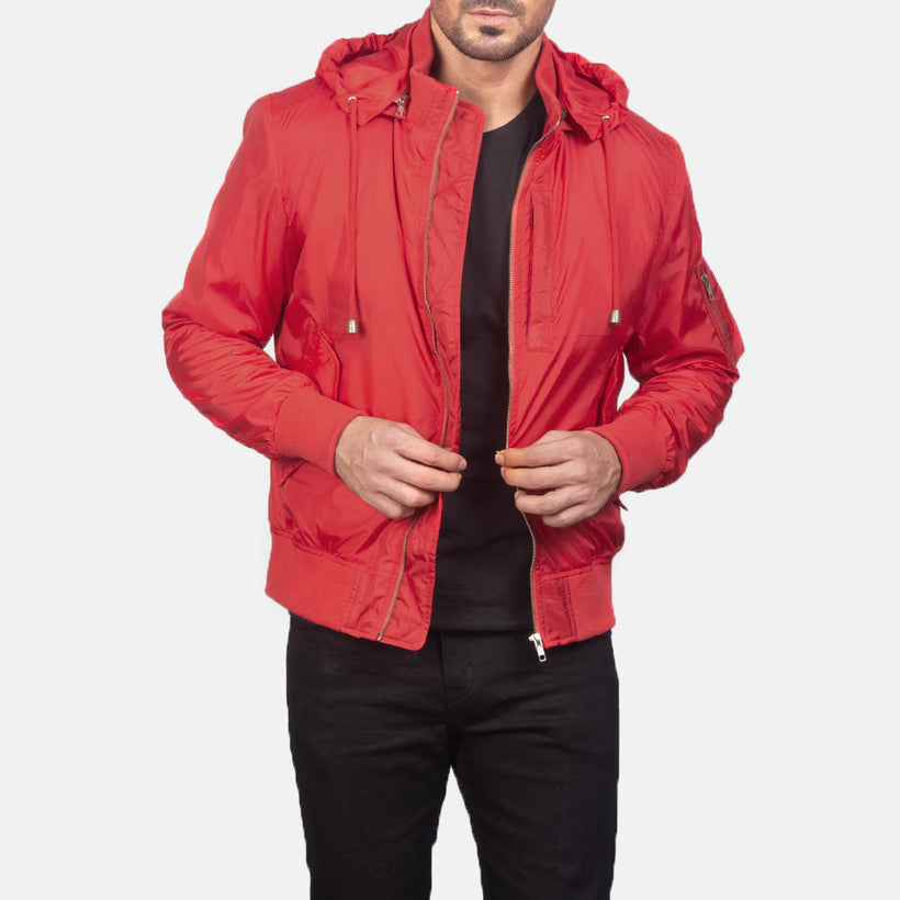 Hanklin MA-1 E kuqe Hooded Xhaketë bomber lëkure për meshkuj