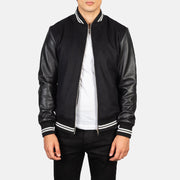 Harrison Black Hybrid Varsity Jacket in Black Sheepskin Leather - Front Profile View &amp; Tailored Silhouette | Buy Online