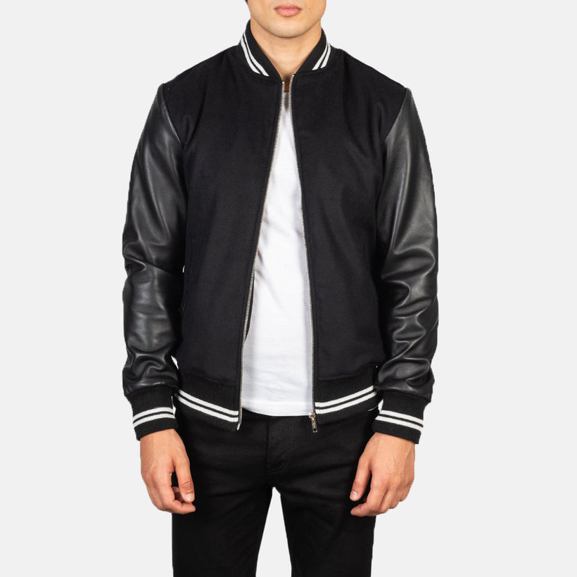 Harrison E zezë Hybrid Varsity Xhaketë lëkure për meshkuj