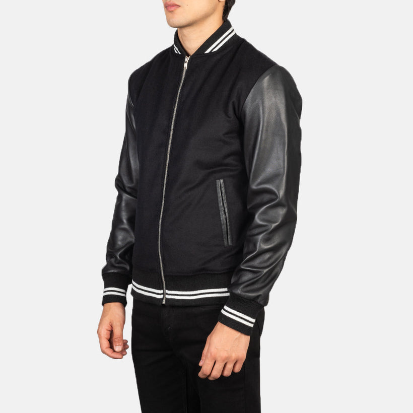 Harrison E zezë Hybrid Varsity Xhaketë lëkure për meshkuj