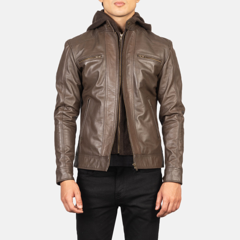
Hector Kafe Hooded Xhaketë Motociklisti Lëkure për Meshkuj in Brown Cowhide Leather - Pamje ballore dhe siluetë e përshtatur | Bli online