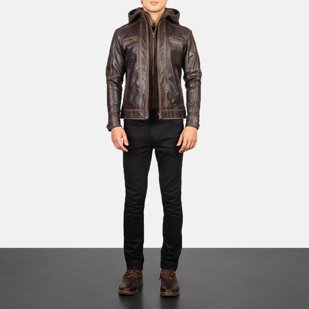 
Hector Vintage Kafe Hooded Xhaketë Motociklisti Lëkure për Meshkuj - Pamje anësore me prerje ergonomike të mëngëve