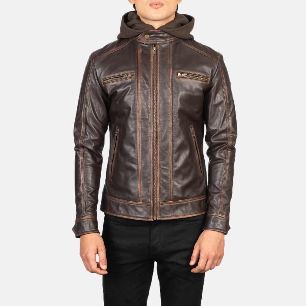 
Detaje nga afër of Band with Snap Button & Zipper Hardware on Hector Vintage Kafe Hooded Xhaketë Motociklisti Lëkure për Meshkuj