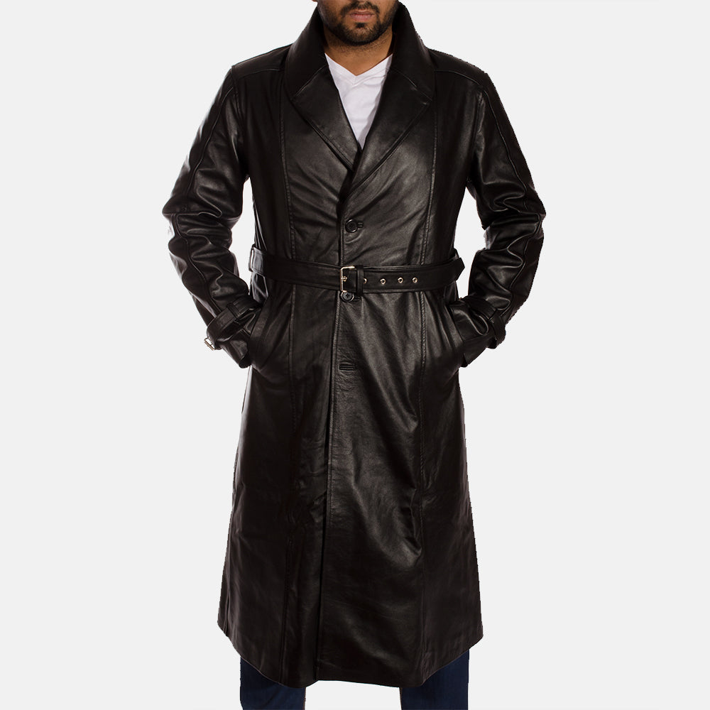 
Black Cowhide Leather Trench Coat - Pamje e pasme me supe të theksuara dhe buzë të pastër
