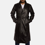 
Black Cowhide Leather Trench Coat - Pamje e pasme me supe të theksuara dhe buzë të pastër
