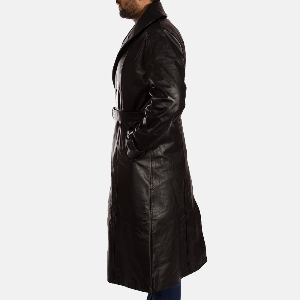 
Detaje nga afër of Notch & Button & Waist belt Hardware on Hooligan E zezë Mantel Trench Lëkure për Meshkuj