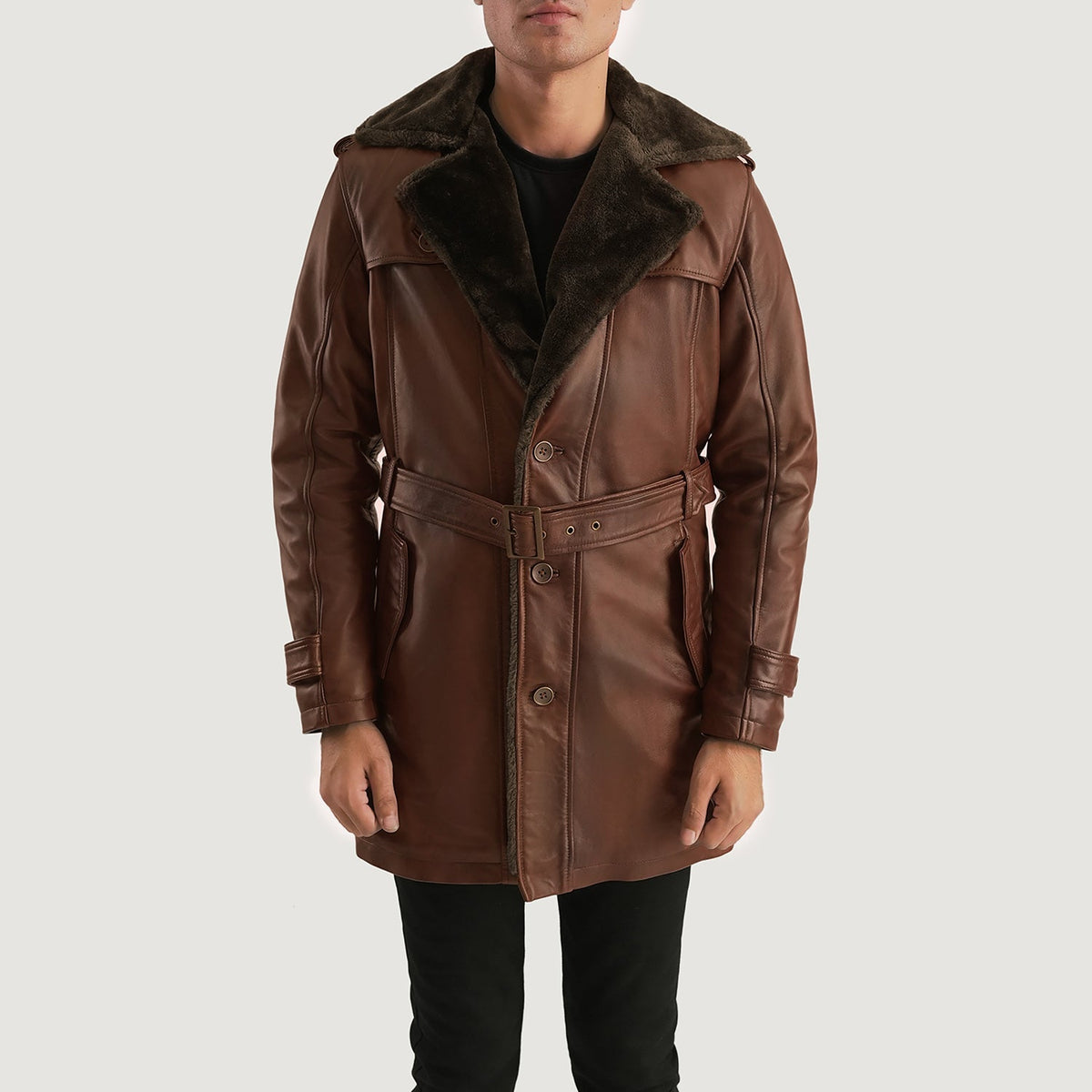 
Hunter Distressed Kafe Fur Pallto Lëkure për Meshkuj in Distressed Brown Sheepskin Burnishing - Pamje ballore dhe siluetë e përshtatur | Bli online