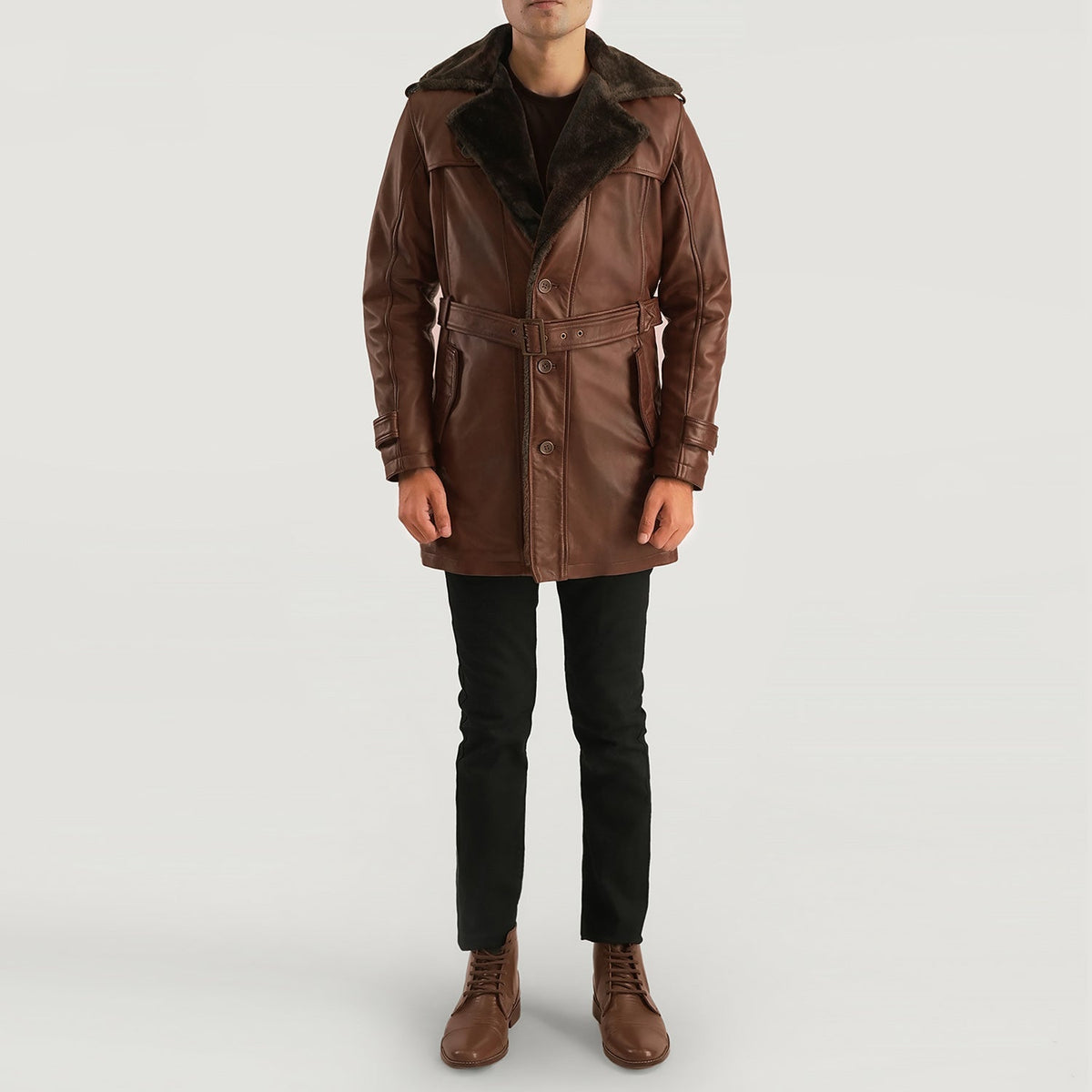 
Detaje nga afër of Notch & Button Hardware on Hunter Distressed Kafe Fur Pallto Lëkure për Meshkuj