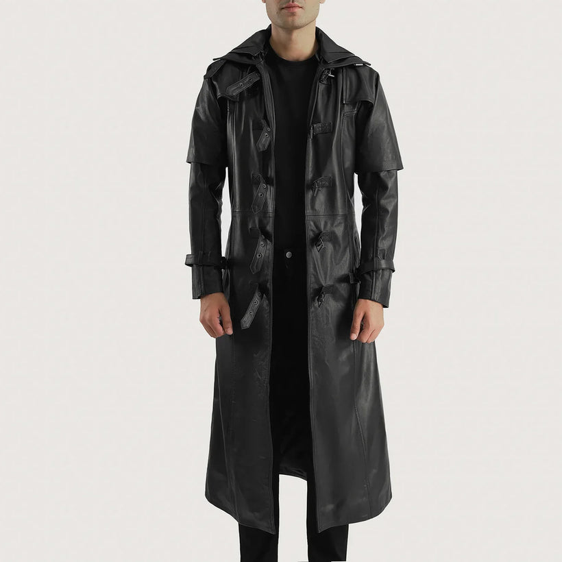 Huntsman E zezë Hooded Mantel Trench Lëkure për Meshkuj