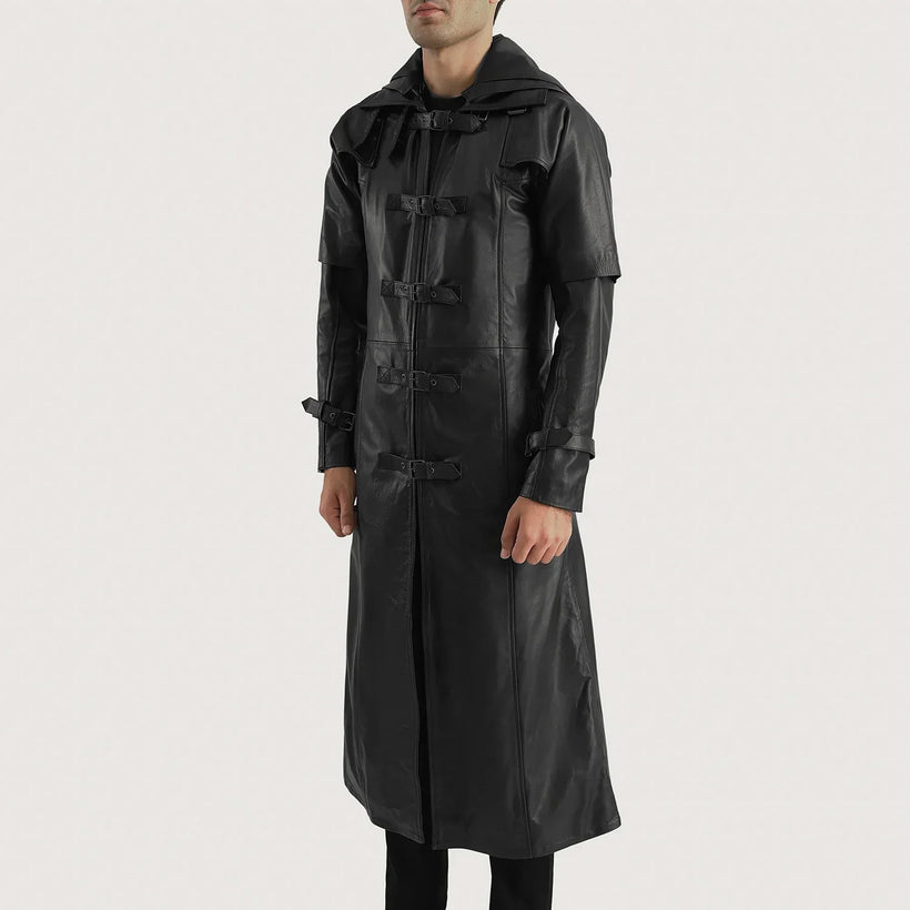 Huntsman E zezë Hooded Mantel Trench Lëkure për Meshkuj