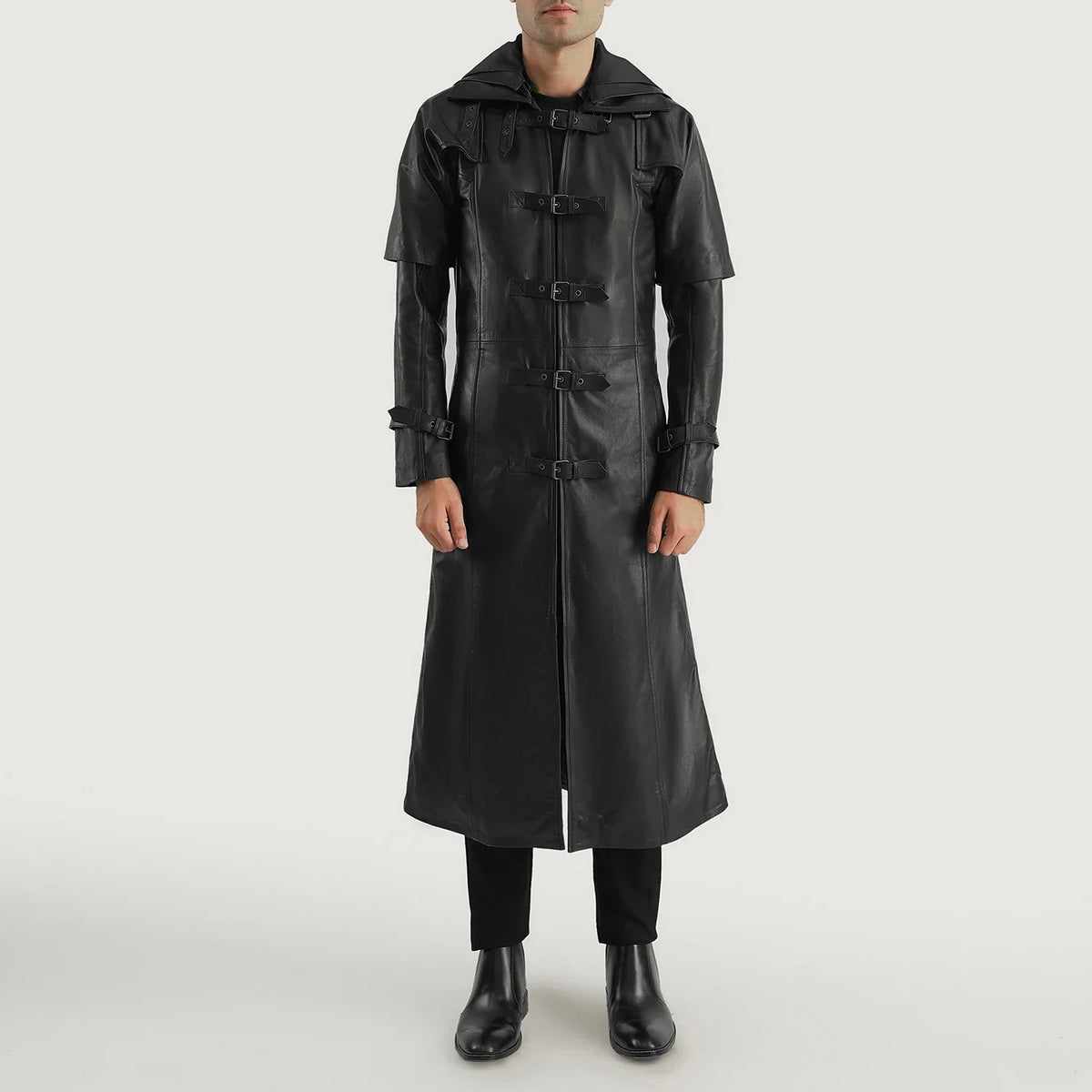 
Huntsman E zezë Hooded Mantel Trench Lëkure për Meshkuj - Pamje anësore me prerje ergonomike të mëngëve