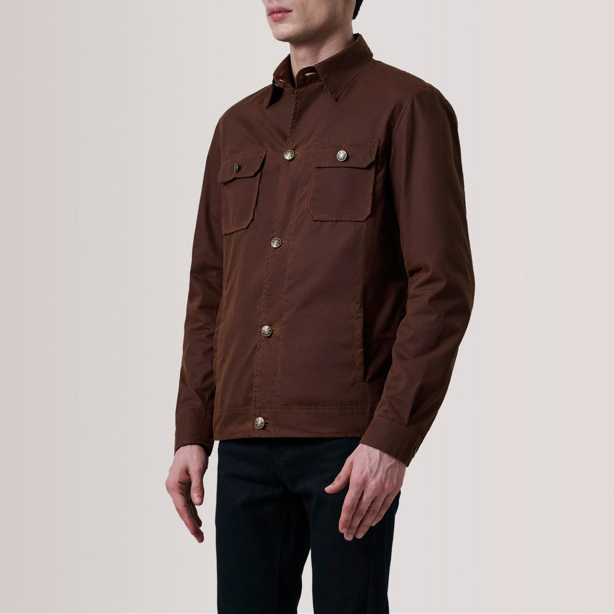 Irwin Brown Waxed Canvas Field Jacket For Men - Lateral Side Profile View Showing Sleeve Cut &amp; Athletic Taper Fit