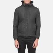
Detaje nga afër of High Neck with Hood & Zipper with wind flap Hardware on Jimmy E zezë Hooded Windbreaker Xhaketë Lëkure për Meshkuj