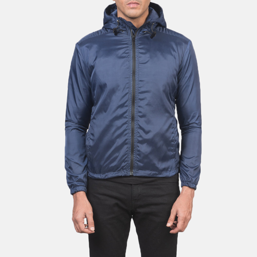 Jimmy Blue Hooded Windbreaker Jacket in Blue Nylon - Pamje ballore dhe siluetë e përshtatur | Bli online