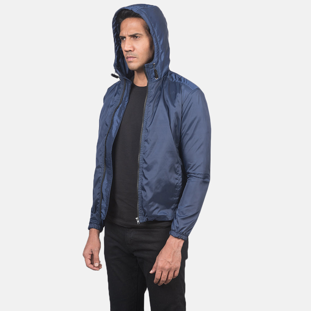 
Detaje nga afër of High Neck with Hood & Zipper with wind flap Hardware on Jimmy Blu Hooded Windbreaker Xhaketë Lëkure për Meshkuj