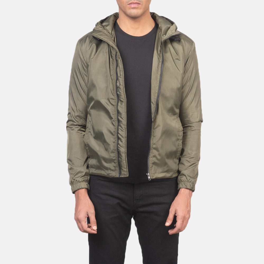 Jimmy Green Hooded Windbreaker Jacket in Green Nylon - Pamje ballore dhe siluetë e përshtatur | Bli online