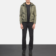 
Jimmy E gjelbër Hooded Windbreaker Xhaketë Lëkure për Meshkuj - Pamje anësore me prerje ergonomike të mëngëve