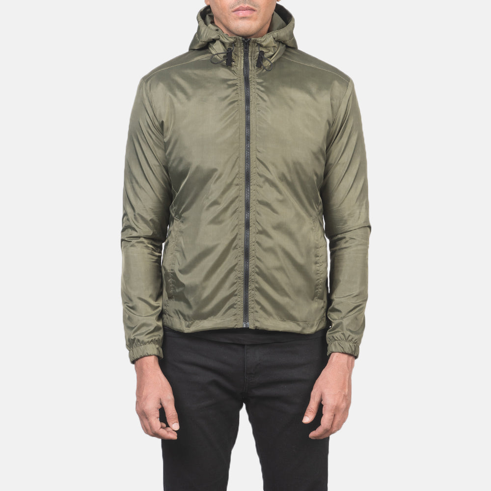 
Detaje nga afër of High Neck with Hood & Zipper with wind flap Hardware on Jimmy E gjelbër Hooded Windbreaker Xhaketë Lëkure për Meshkuj
