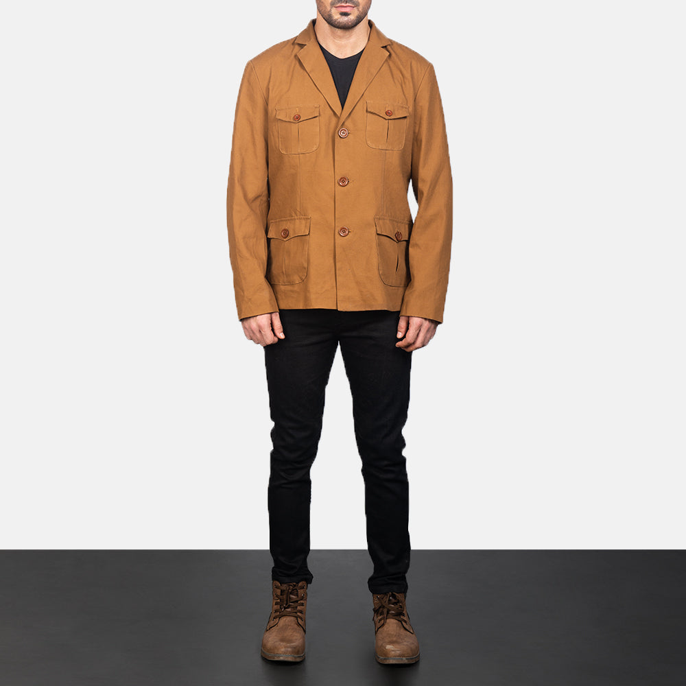 
Kajetan Khaki Safari Xhaketë Lëkure për Meshkuj - Pamje anësore me prerje ergonomike të mëngëve