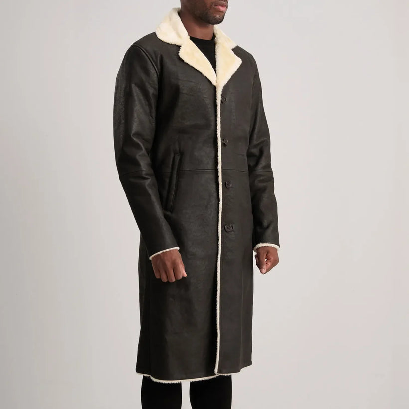 Kolby Kafe Shearling Pallto Lëkure për Meshkuj