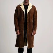 
Kolby Brown Suede Shearling Long Coat in Brown Goatskin Suede - Pamje ballore dhe siluetë e përshtatur | Bli online