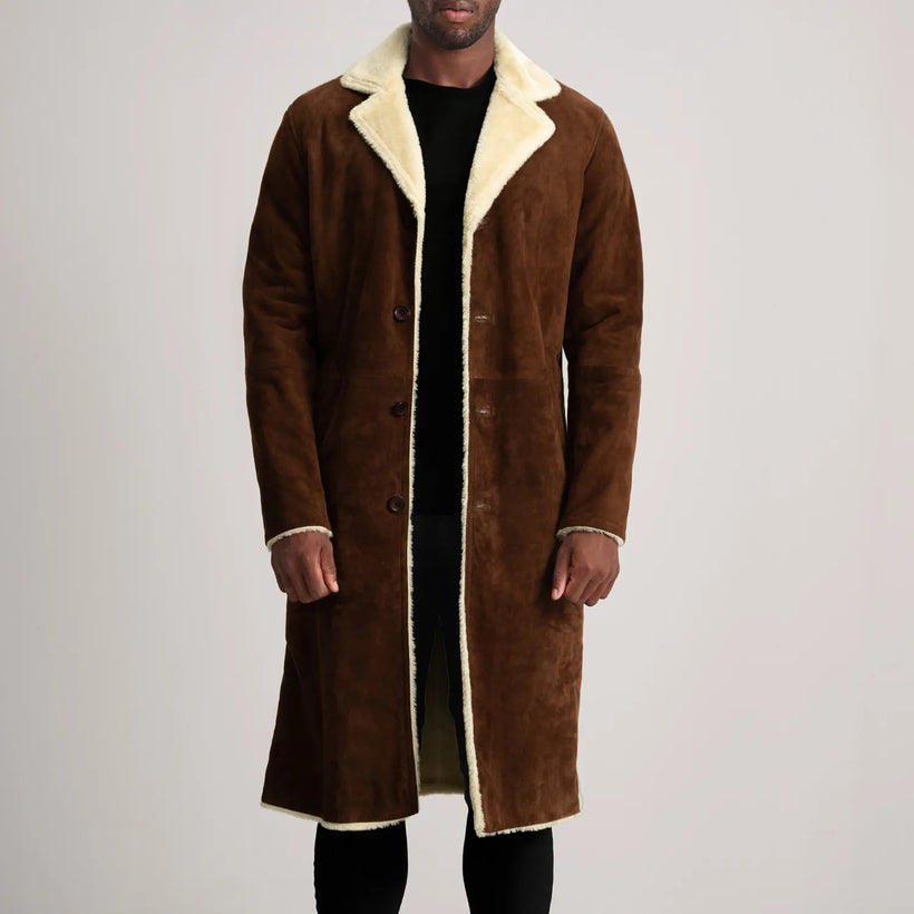 Kolby Kafe Suede Shearling Pallto Lëkure për Meshkuj