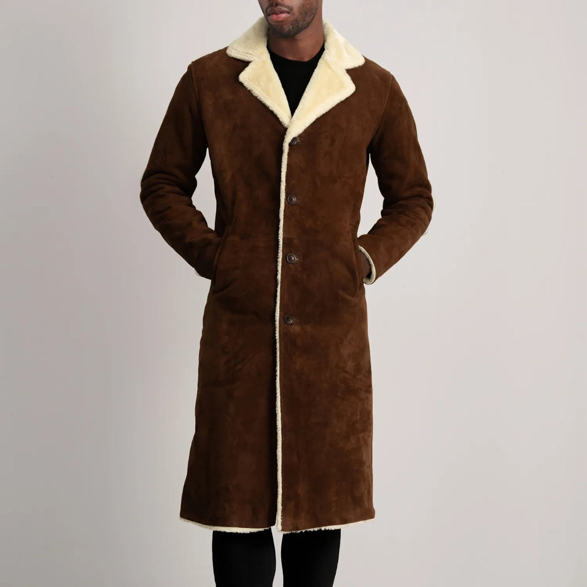 
Detaje nga afër of Notch & Button Hardware on Kolby Brown Suede Shearling Long Coat