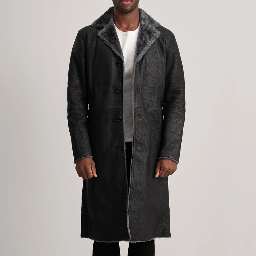 Kolby Distressed E zezë Leather Shearling Pallto Lëkure për Meshkuj