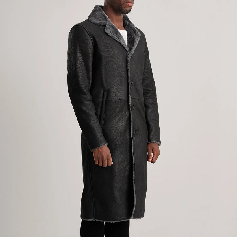Kolby Distressed E zezë Leather Shearling Pallto Lëkure për Meshkuj