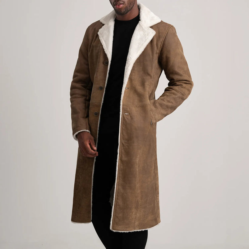 Kolby Distressed Kafe Leather Shearling Pallto Lëkure për Meshkuj