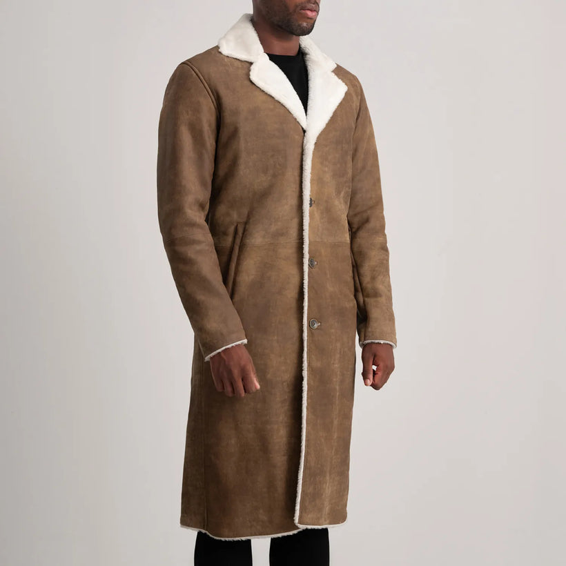 Kolby Distressed Kafe Leather Shearling Pallto Lëkure për Meshkuj