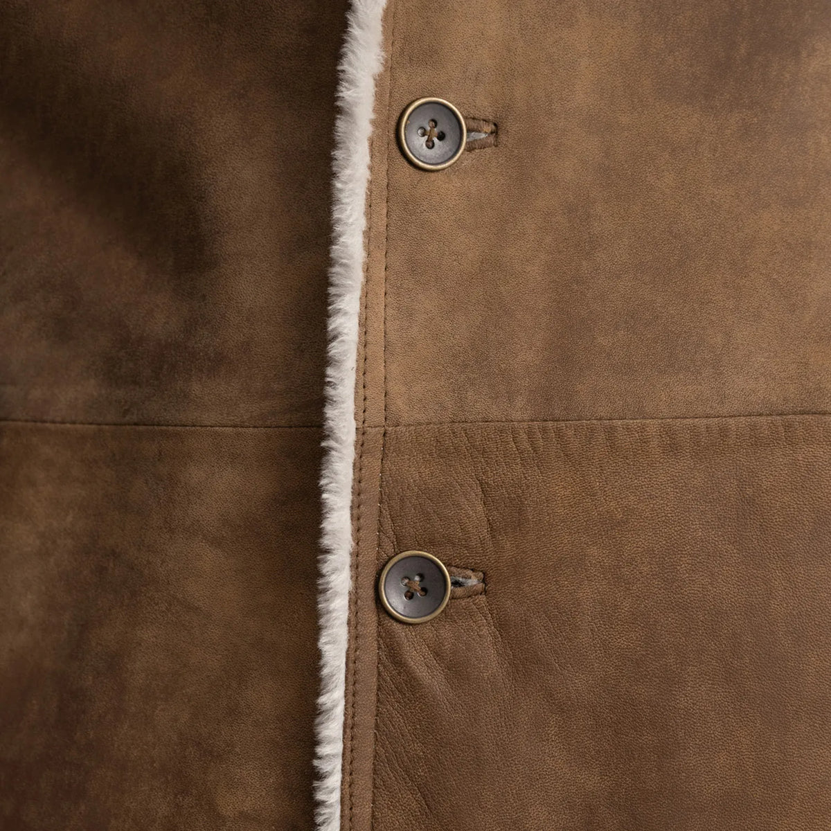 
Detaje nga afër of Notch & Button Hardware on Kolby Distressed Brown Shearling Long Coat