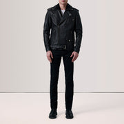 Black Sheepskin Leather Biker Jacket - Back View Showing Tailored Shoulder Fit &amp; Clean Hemline