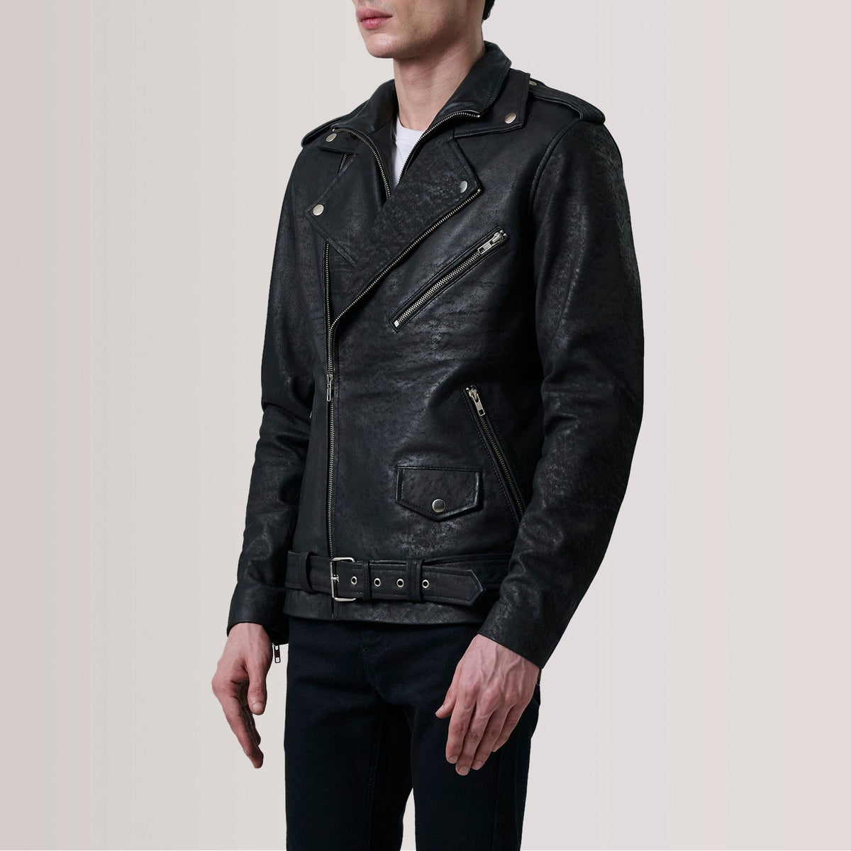 
Kole Distressed E zezë Leather Double Rider Xhaketë Lëkure për Meshkuj - Pamje anësore me prerje ergonomike të mëngëve