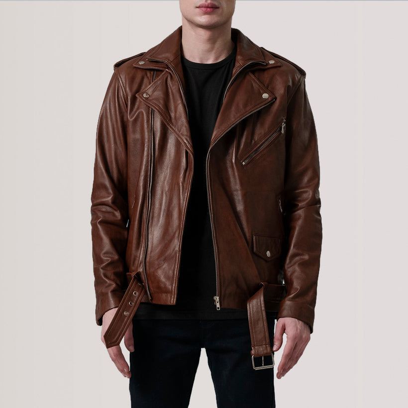 Kole Waxed Kafe Leather Double Rider Xhaketë lëkure për meshkuj