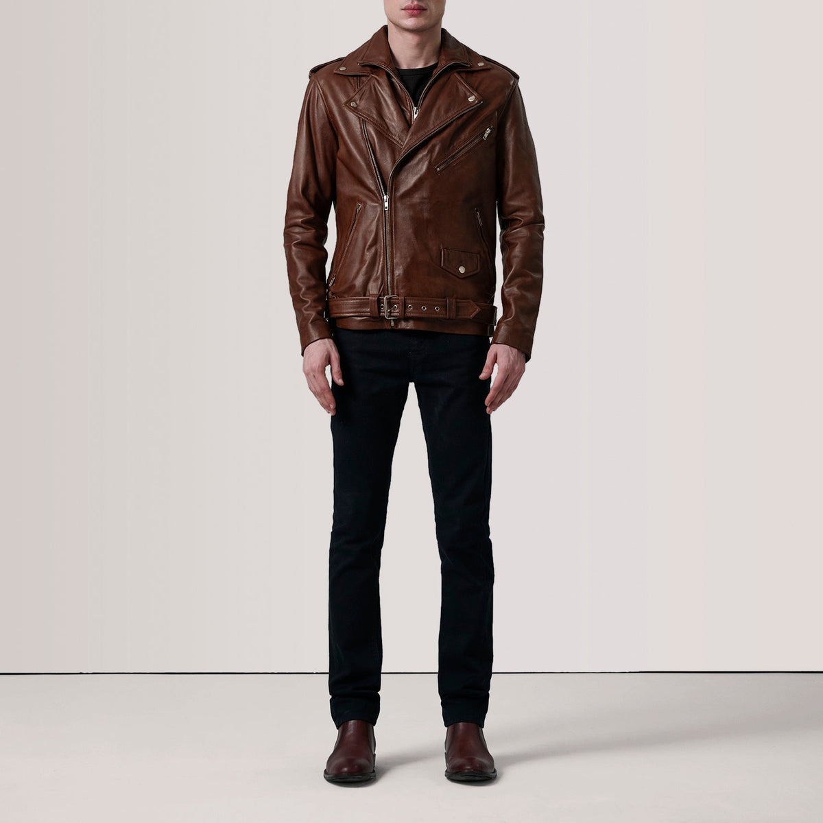 
Distressed Brown Sheepskin Burnished Biker Jacket - Pamje e pasme me supe të theksuara dhe buzë të pastër