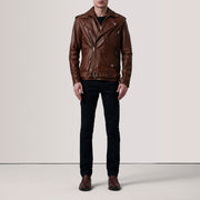 
Distressed Brown Sheepskin Burnished Biker Jacket - Pamje e pasme me supe të theksuara dhe buzë të pastër