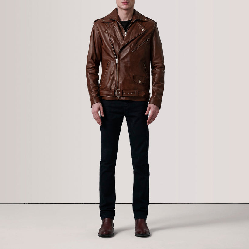 Kole Waxed Kafe Leather Double Rider Xhaketë lëkure për meshkuj