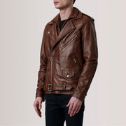 
Kole Waxed Kafe Leather Double Rider Xhaketë Lëkure për Meshkuj - Pamje anësore me prerje ergonomike të mëngëve