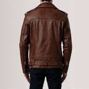 
Detaje nga afër of Notch & Zipper & Waist Straps Hardware on Kole Waxed Kafe Leather Double Rider Xhaketë Lëkure për Meshkuj