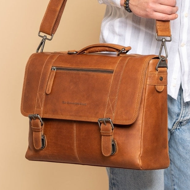 Classic 100% Full-Grain leather Briefcase - Pamje e pasme me rripa lëkure të përforcuar