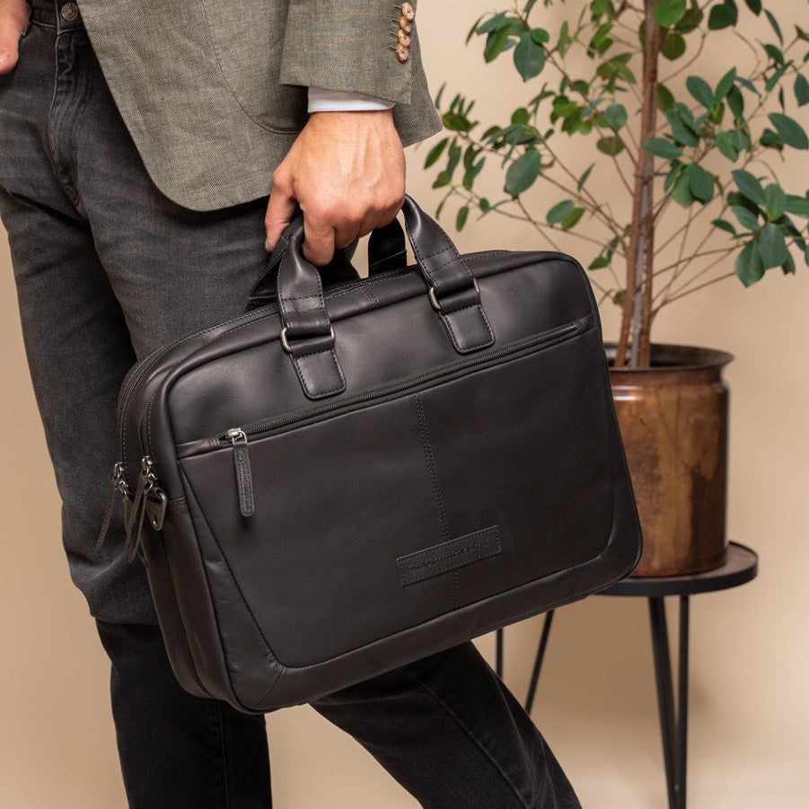 Classic 100% Full-Grain leather Briefcase - Pamje e pasme me rripa lëkure të përforcuar