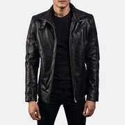 Men's Legacy Black Leather Biker Jacket in Black Cowhide Leather - Front Profile View &amp; Tailored Silhouette | Buy Online