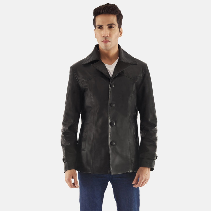 Leo E zezë Leather Coat për meshkuj